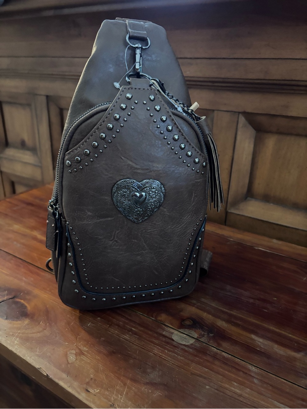 Women's Brown Heart-Accent Studded Crossbody Sling Bag